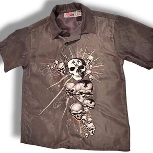 VTG Y2K Xtreme Limit Gray Black Skull Graphic Button Down Shirt Boys Sz 8 B-8